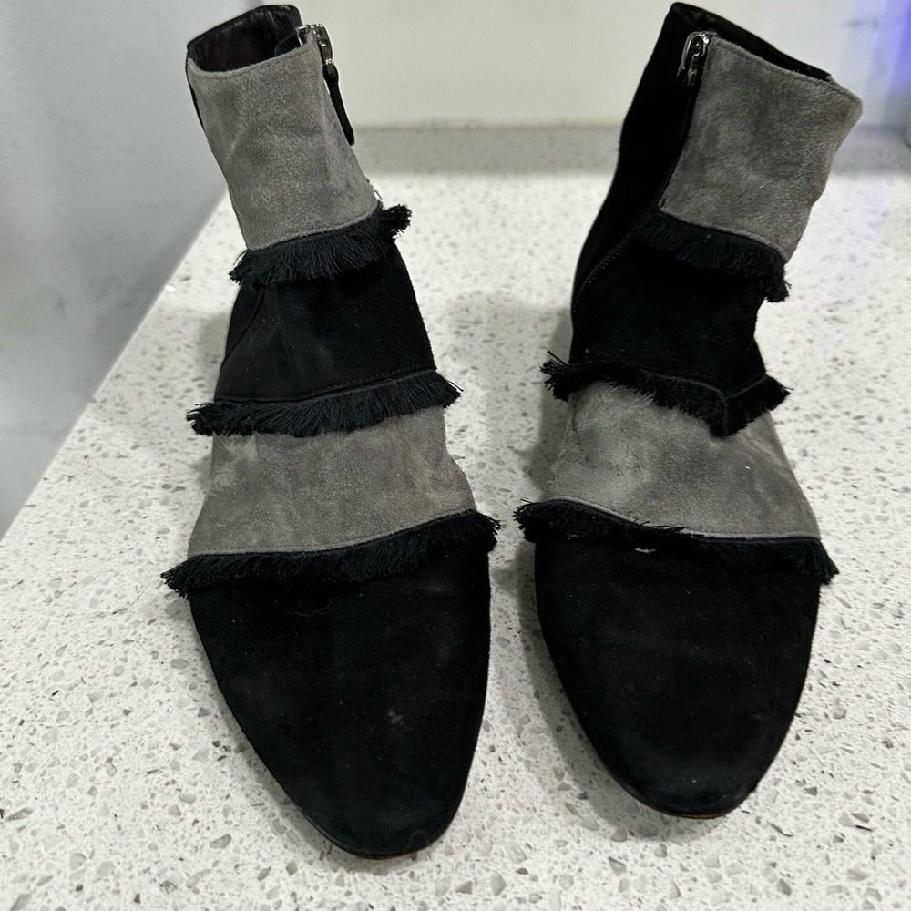Venezia Black and Gray Suede Fringe Ankle Booties